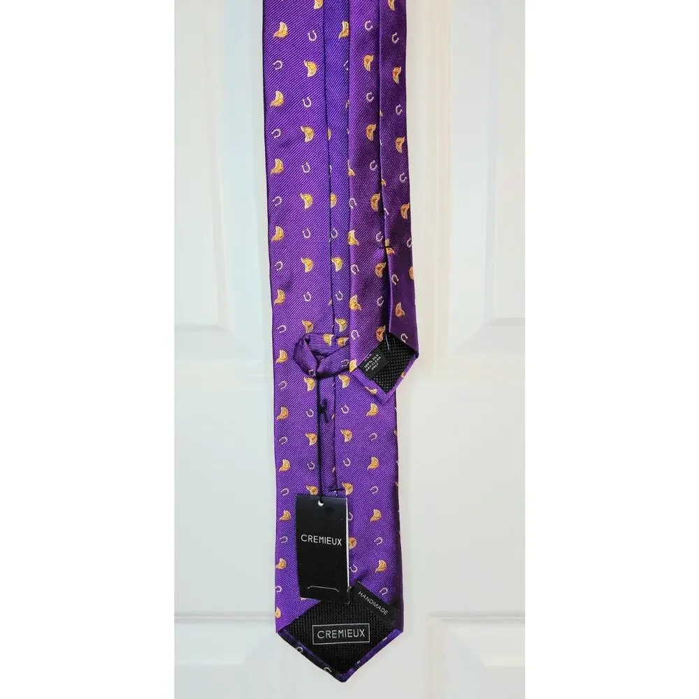NWT Cremieux Handmade 100% Silk Tie Purple Equestrian Horseshoes Jockey Helmets